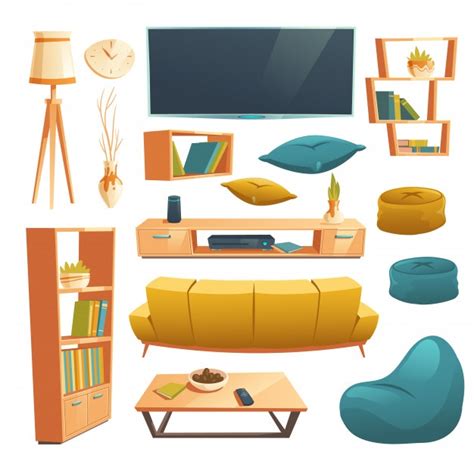 Vector Set Of Cartoon Furniture For Living Room Free Vector