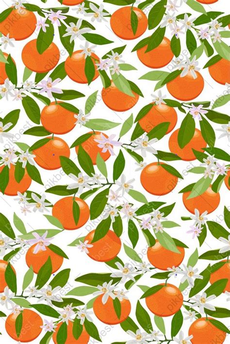 Seamless Pattern Orange Fruits With Flowers And Leaves On White