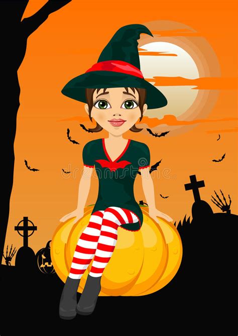 halloween party with cute witch sitting on pumpkin agains greeting card with pumpkins bats and