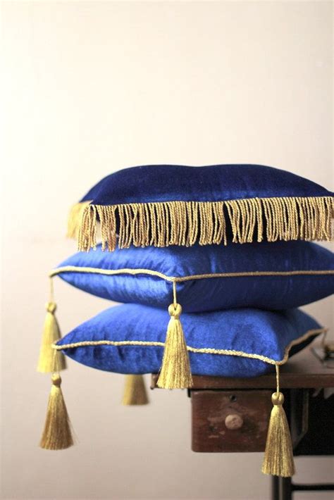 Royal Blue Velvet 14 With Tassel And Piping Stand Etsy Gold Pillows