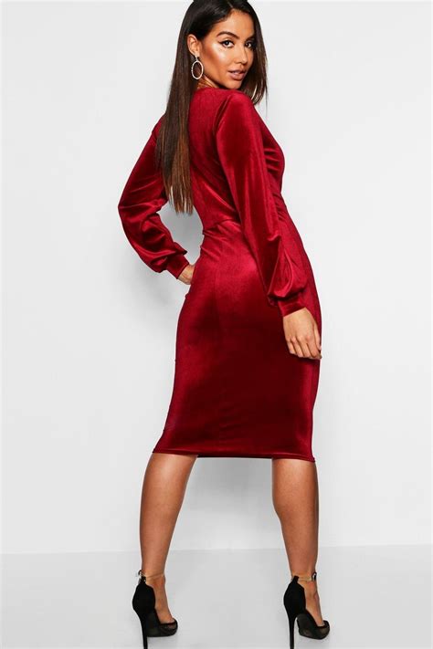 Womens Velvet Long Sleeve Bodycon Midi Dress Red 4