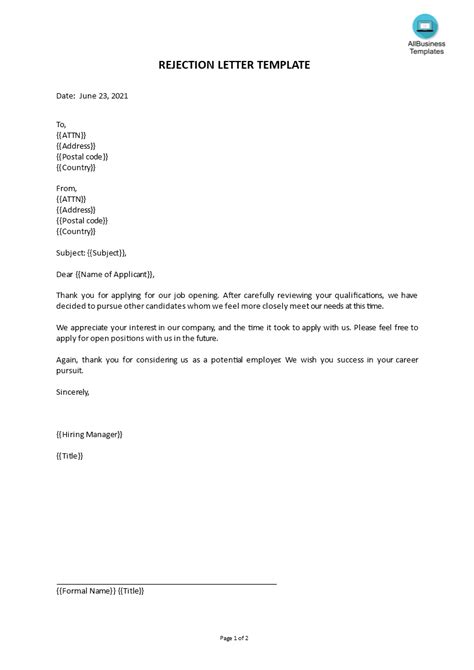 Rejection Letter Template Templates At