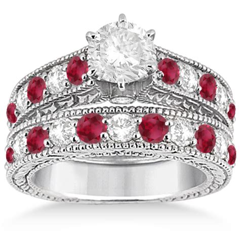 Antique Diamond And Ruby Bridal Wedding Ring Set 14k White Gold 275ct