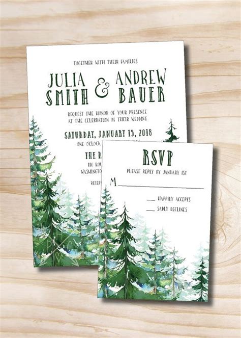 Watercolor Pine Tree Wedding Invitation And Response Etsy Winter