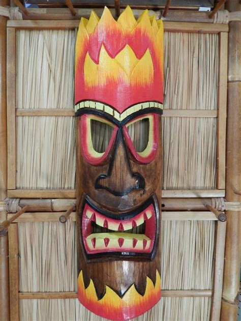 Hand Carved 20 Wood Tiki Mask Hawaiian Tribal Polynesian Style Flame Totem Tiki Totem Tiki