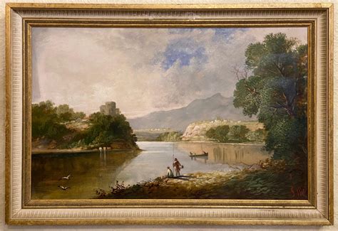19th Century Oil Painting On Canvas River Scene With Castle