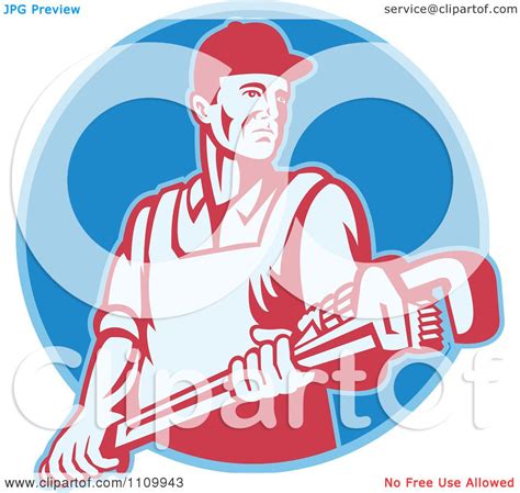Clipart Retro Plumber Holding A Large Adjustable Monkey Wrench On A