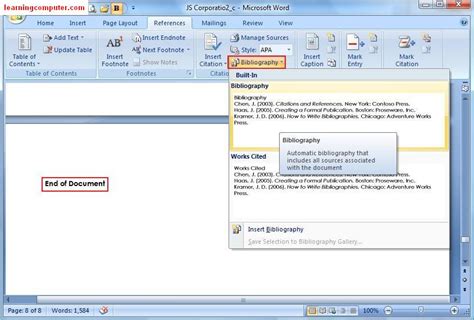 Microsoft Word 2007 References Tab Tutorial Learn Ms Word It Online