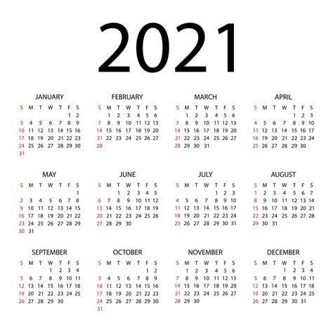 Calendario 2021 Año Ilustración Vectorial La Semana Comienza El