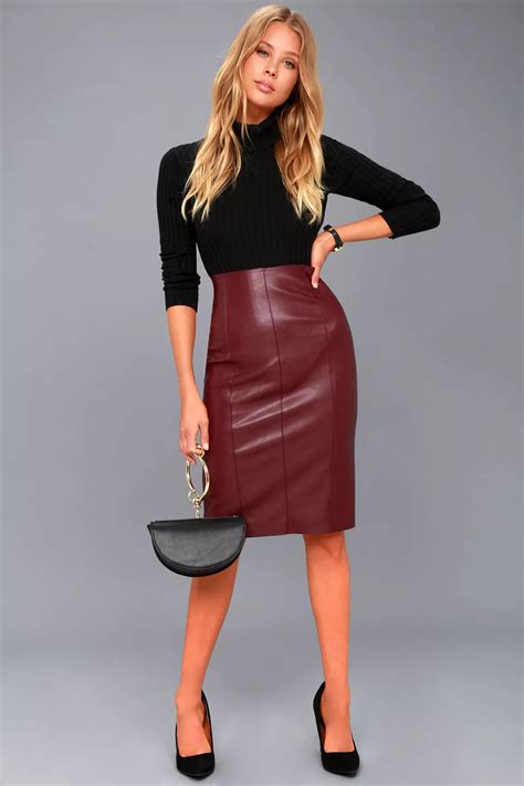 pencil me in burgundy vegan leather midi skirt leather skirt outfit trendy work outfit vegan