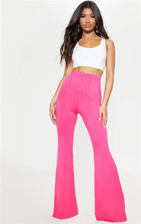 Hot Pink Basic Jersey Flared Trousers Flare Trousers Hot Pink
