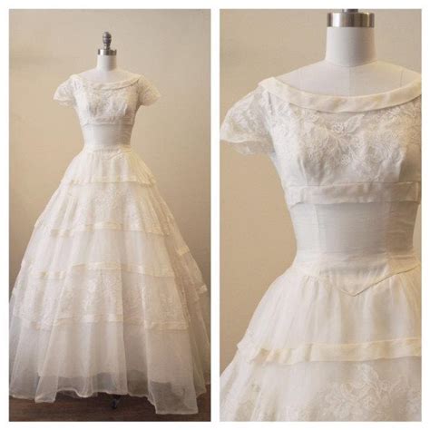 vintage 1950s silk organza wedding dress with lace applique detail and bias binding stripes