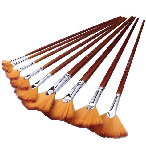 Nogis 9 Pieces Nylon Hair Wood Long Handle Paint Brush Artist Fan