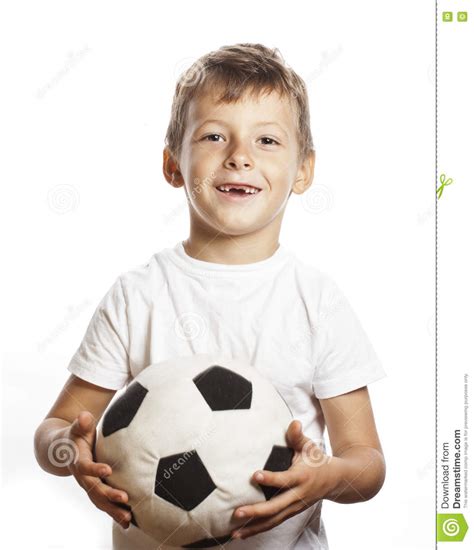 Little Cute Boy Playing Football Ball Isolated On White Close Up
