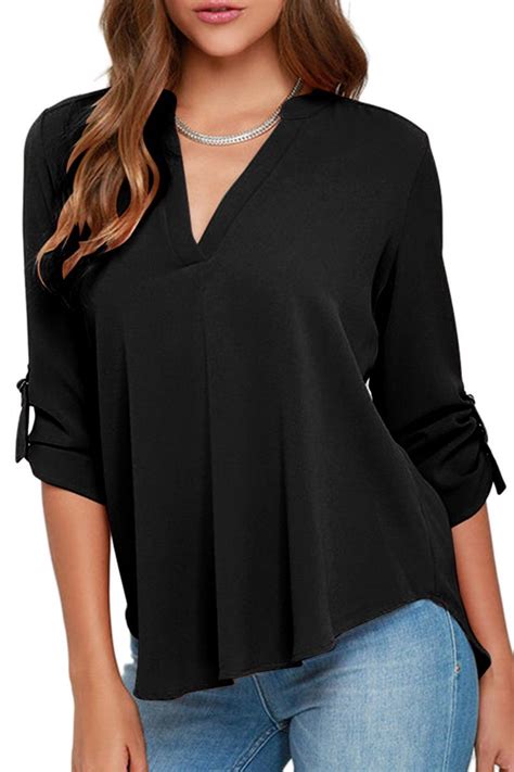 Yming Ladies Solid Loose Shirt Casual Cuffed 34 Sleeve Blouses Black