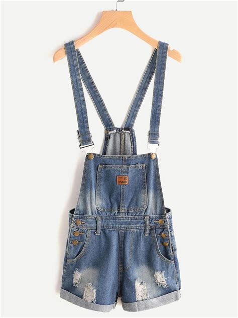 Bleach Wash Distressed Denim Overall Shorts Overall Shorts Denim