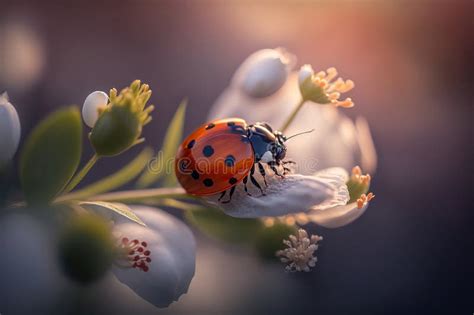 Ladybug Sitting On A Colorful Spring Flowers Blooming Flowers With
