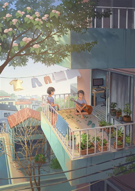 On The Balcony Original Dreamy Art Anime Scenery