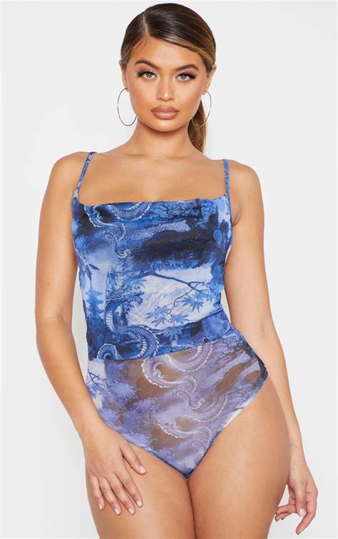Blue Mesh Print Ruched Bodysuit Prettylittlething
