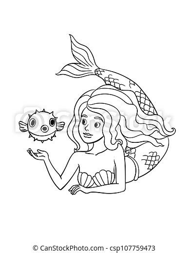 Mermaid And Pufferfish Isolated Coloring Page A Cute And Funny
