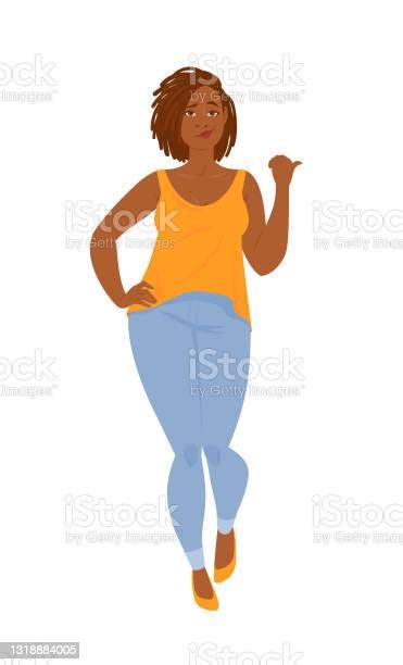Emotions Beautiful Curvy Black Woman In Casual Clothes With Dreadlocks Full Length Stock