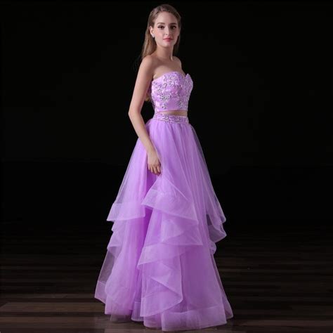 Purple Two Piece Prom Dress Strapless Long Girls Gown