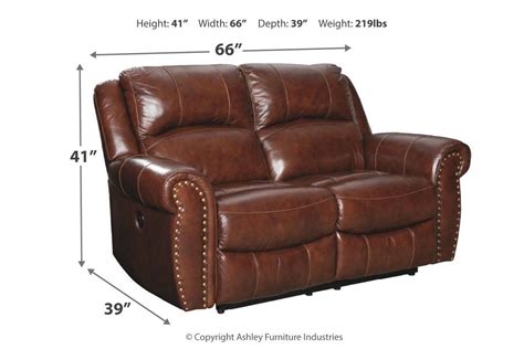 A Brown Leather Reclining Sofa With Measurements
