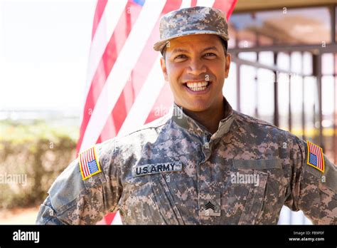 Portrait Of Happy Us Army Soldier Outdoors Stock Photo Alamy