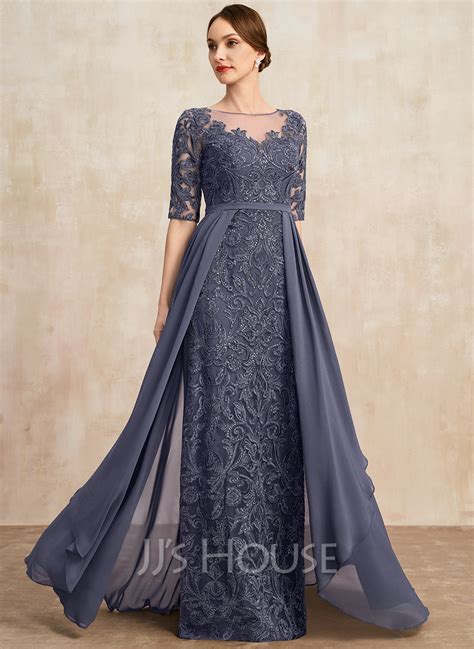 Sheath Column Scoop Illusion Floor Length Chiffon Lace Mother Of The Bride Dress With Sequins