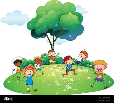 Many Children Playing Hopscotch In The Park Illustration Stock Vector