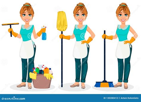 Happy Housewife Cheerful Mother Beautiful Woman Set Of Three Poses