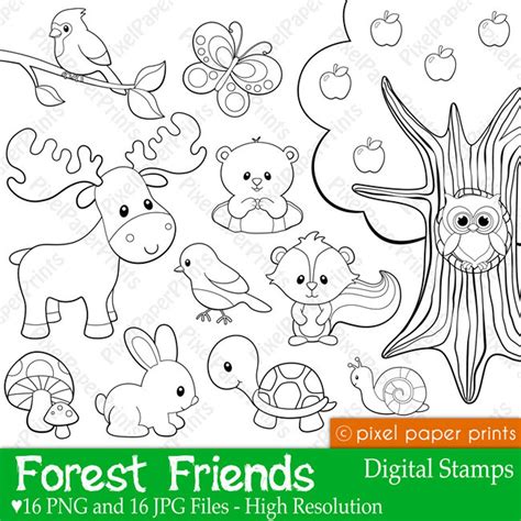 Forest Friends Digital Stamps Etsy Digital Stamps Coloring Pages