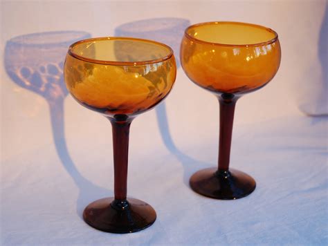 2 Vintage Champagne Coupe Glasses Amber Colored Glass 60s