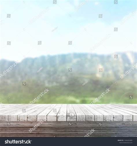 Wood Table Top On Blur Mountains Stock Photo 1434263489 Shutterstock