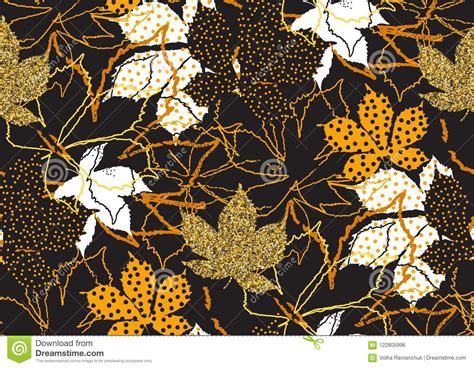 Fall Leaves Seamless Pattern With Gold Glitter Texture Vector