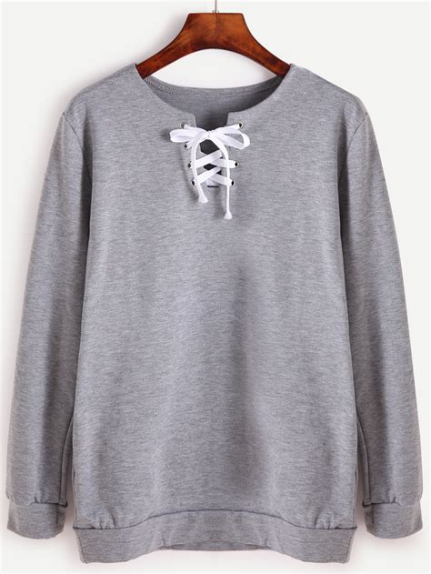 Grey Lace Up Front Long Sleeve Sweatshirt Sheinsheinside