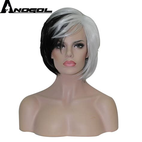 anogol brand new cruella deville side bangs half white black layered synthetic cosplay wig for