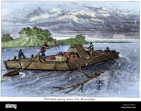 Flatboat Hauling Cargo Down The Mississippi River Early 1800s Hand