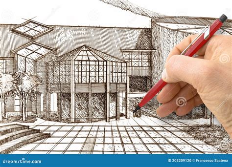 Design A New Building Engineer Architect Drawing With A Pencil A