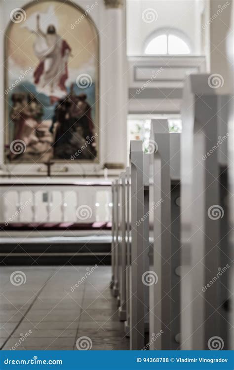 Interior Of An Empty Church With Benches And Altar Stock Photo Image