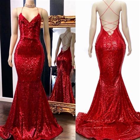P Red Sequin Prom Dress Mermaid Sleeveless Long Evening Gown On Luulla