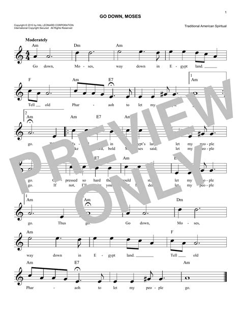 Go Down Moses Sheet Music Traditional American Spiritual Easy Lead