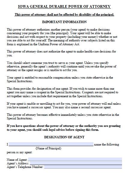 Free Iowa Durable Power Of Attorney Form Pdf Template