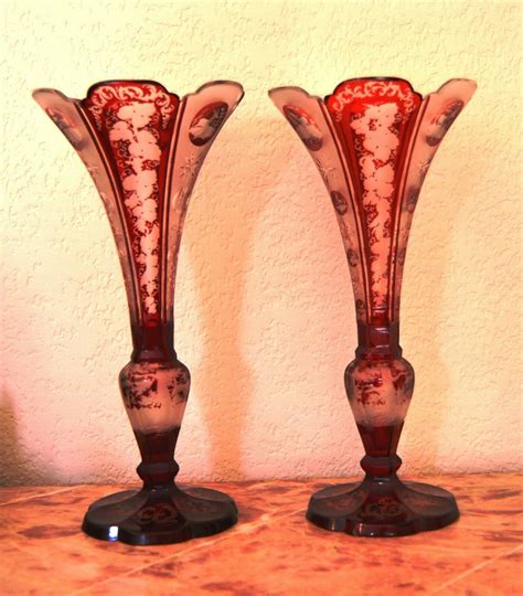 Antique Bohemian Ruby Red Engraved Art Glass Vases Very Rare And Unique Pair Ebay