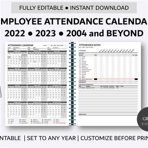 Employee Attendance Calendar 2022 2023 2024 And Beyond Etsy