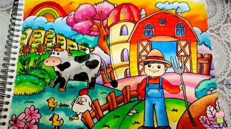 Cara gradasi warna menggunakan oil pastel cara menggambar pemandangan pedesaan (drawing scenery village). Cara menggambar & mewarnai tema FARM (Peternakan) dengan ...