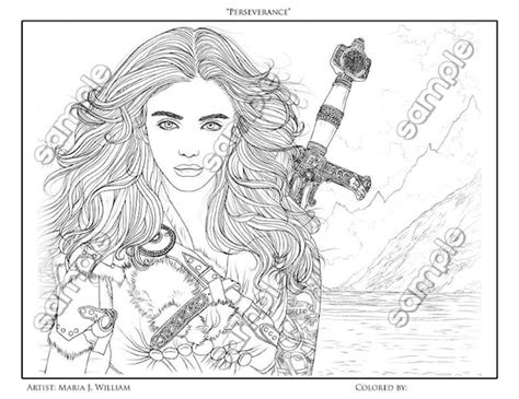Warrior Woman Fantasy Portrait Coloring Page By Maria J Etsy