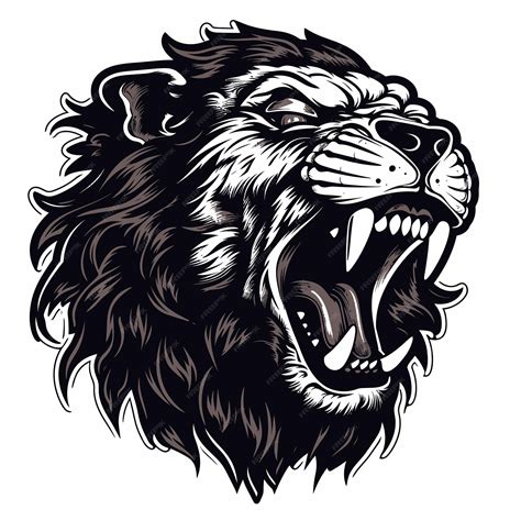 Premium Vector | A black and white drawing of a lion with the mouth open.