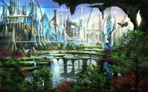 Fantasy Art Cities Waterfalls Nature Trees Wallpapers Hd Desktop