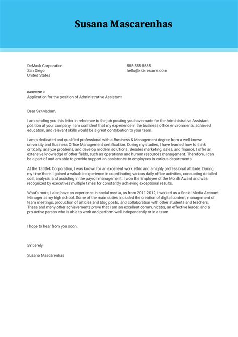 Administrative Assistant Cover Letter Example Kickresume